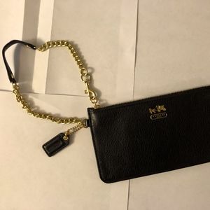 Coach Wristlet black leather with gold chain strap